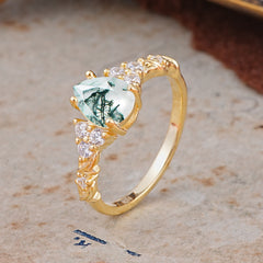 Nature-Inspired Vintage 4-Prong Pear Cut Moss Agate Bridal Ring