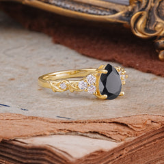Nature-Inspired Vintage 4-Prong Pear Cut  Black Onyx Ring