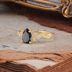 Nature-Inspired Vintage 4-Prong Pear Cut  Black Onyx Ring