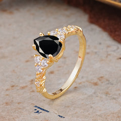 Nature-Inspired Vintage 4-Prong Pear Cut  Black Onyx Ring