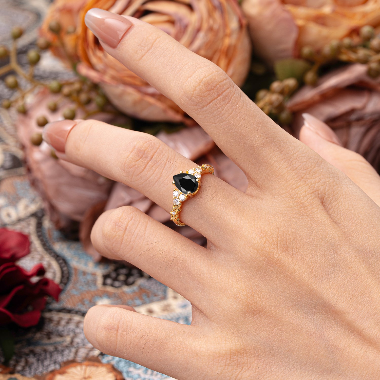 Nature-Inspired Vintage 4-Prong Pear Cut  Black Onyx Ring