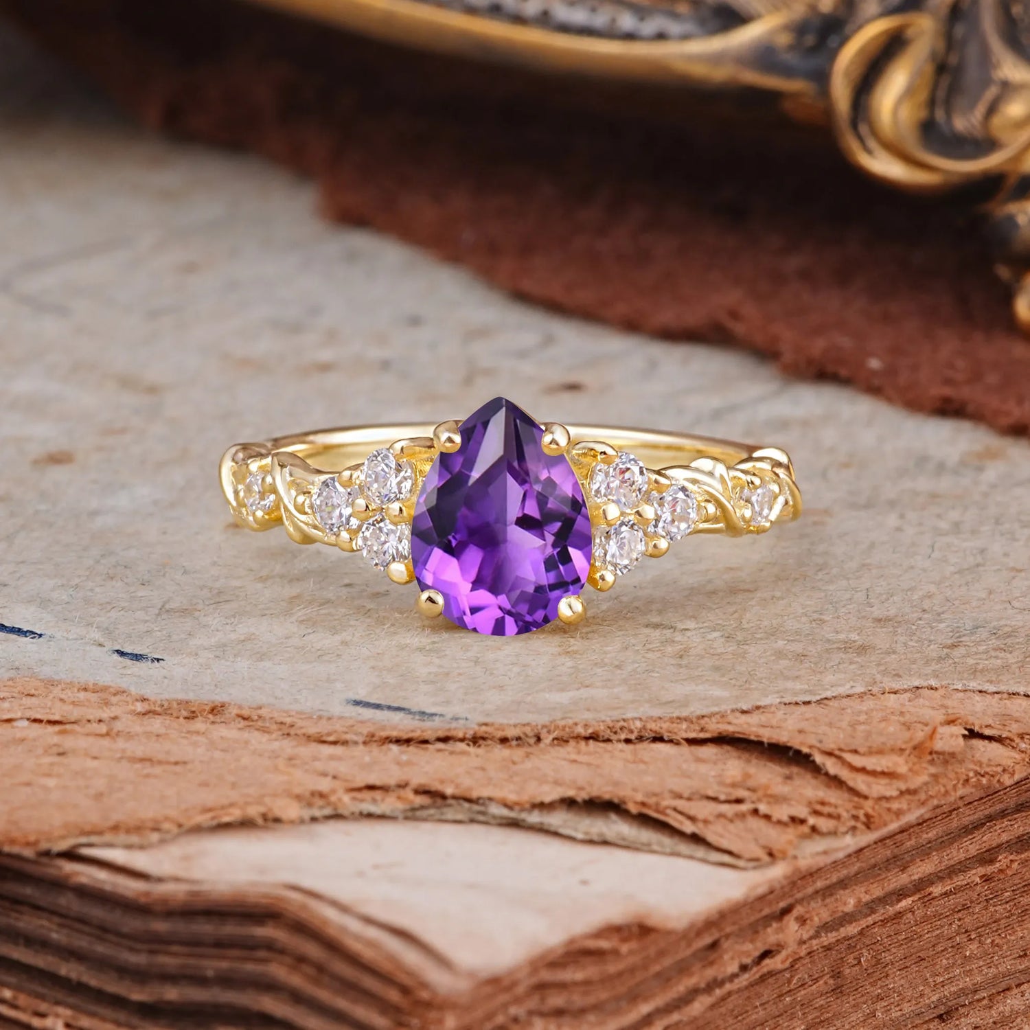 Nature-Inspired Vintage 4-Prong Pear Cut Amethyst Ring