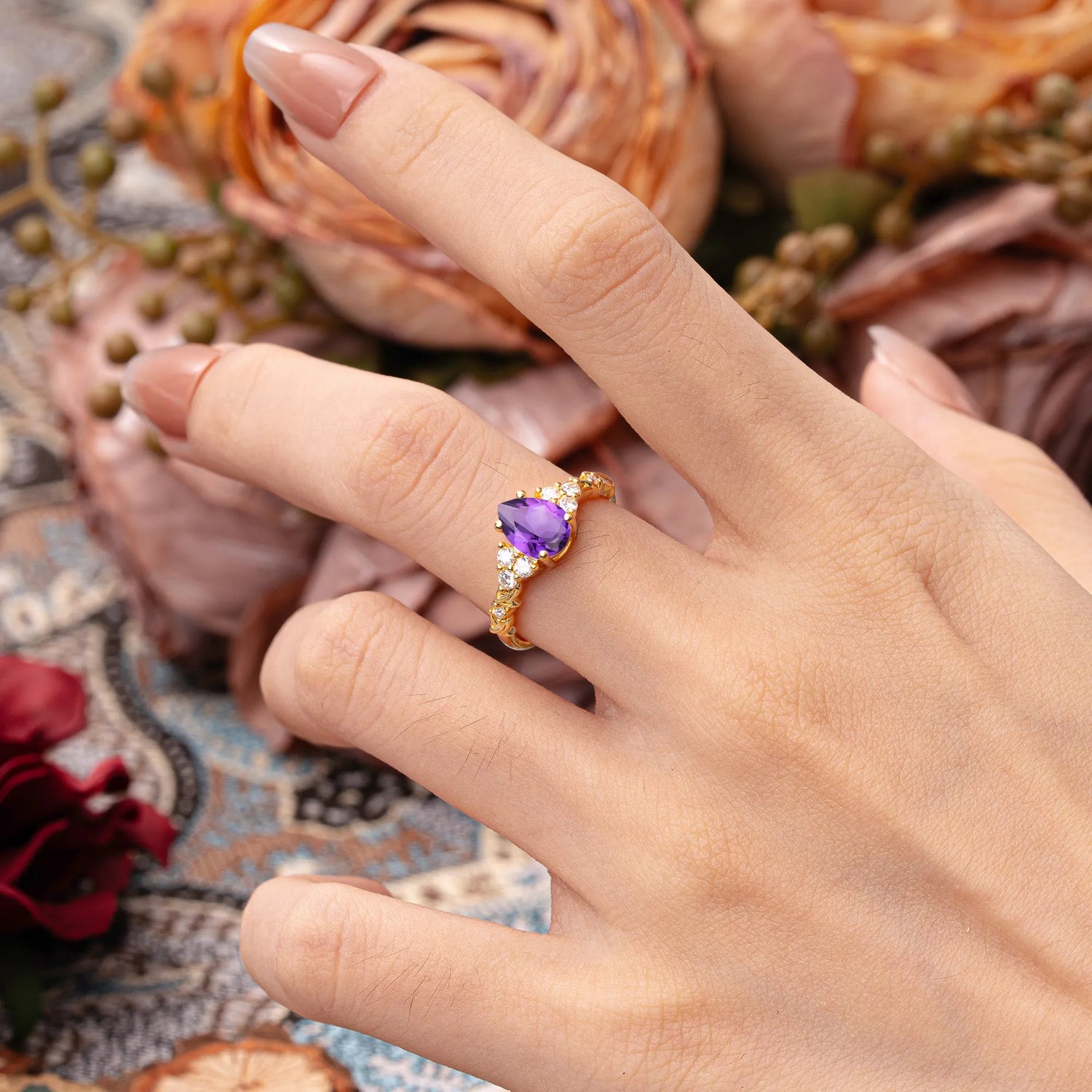 Nature-Inspired Vintage 4-Prong Pear Cut Amethyst Ring