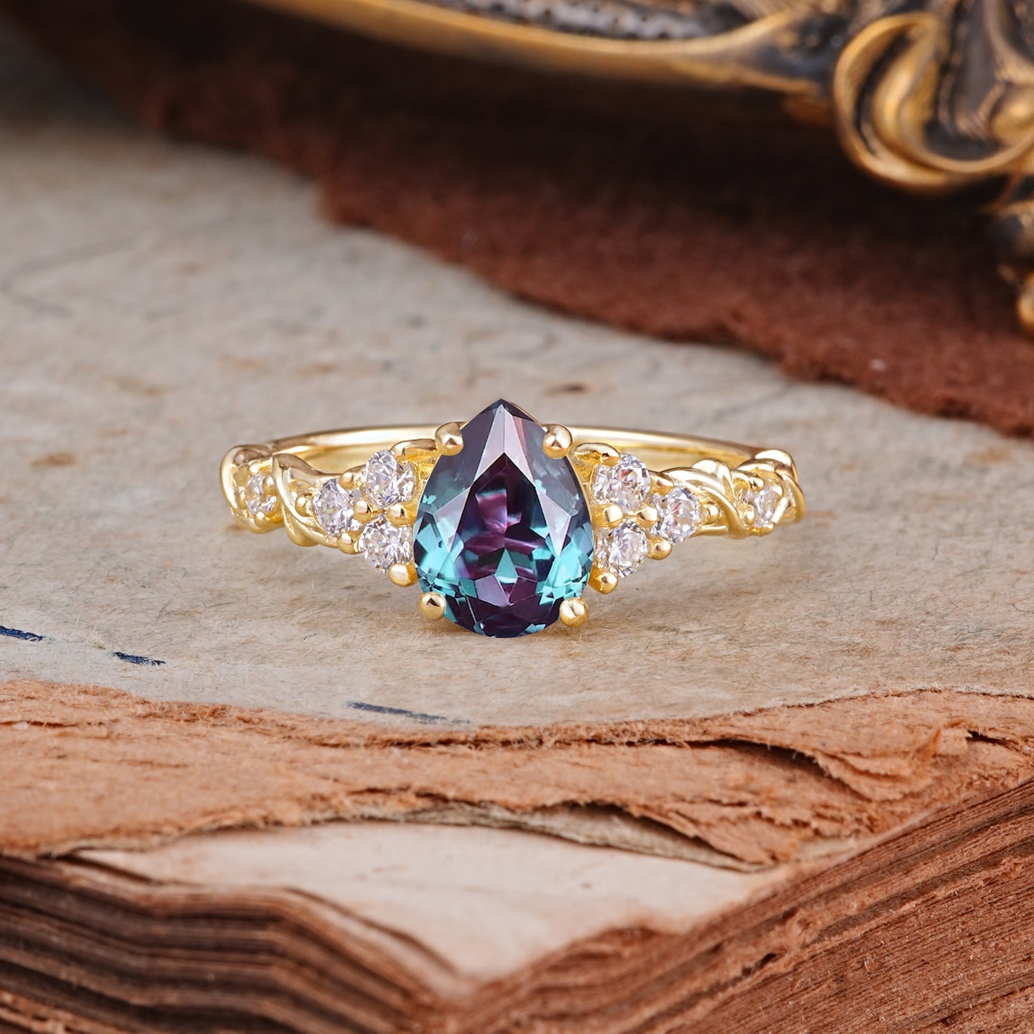 Nature-Inspired Vintage 4-Prong Pear Cut Alexandrite Ring