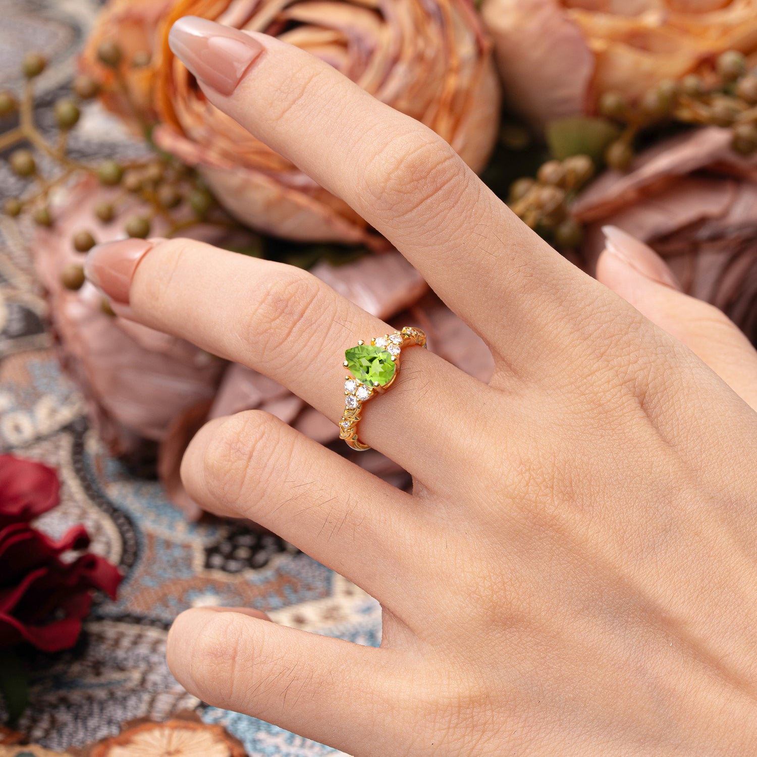 Nature-Inspired Vintage 4-Prong Pear Cut Peridot Ring