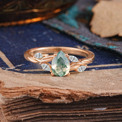 Exquisite 4-Prong Pear Cut Moss Agate Engagement Ring
