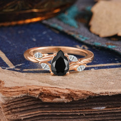 Exquisite 4-Prong Pear Cut Black Onyx Engagement Ring