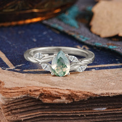 Exquisite 4-Prong Pear Cut Moss Agate Engagement Ring