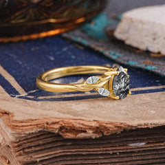 Exquisite 4-Prong Pear Cut Black Rutilated Quartz Engagement Ring