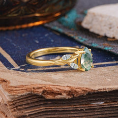 Exquisite 4-Prong Pear Cut Moss Agate Engagement Ring