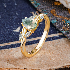Exquisite 4-Prong Pear Cut Moss Agate Engagement Ring