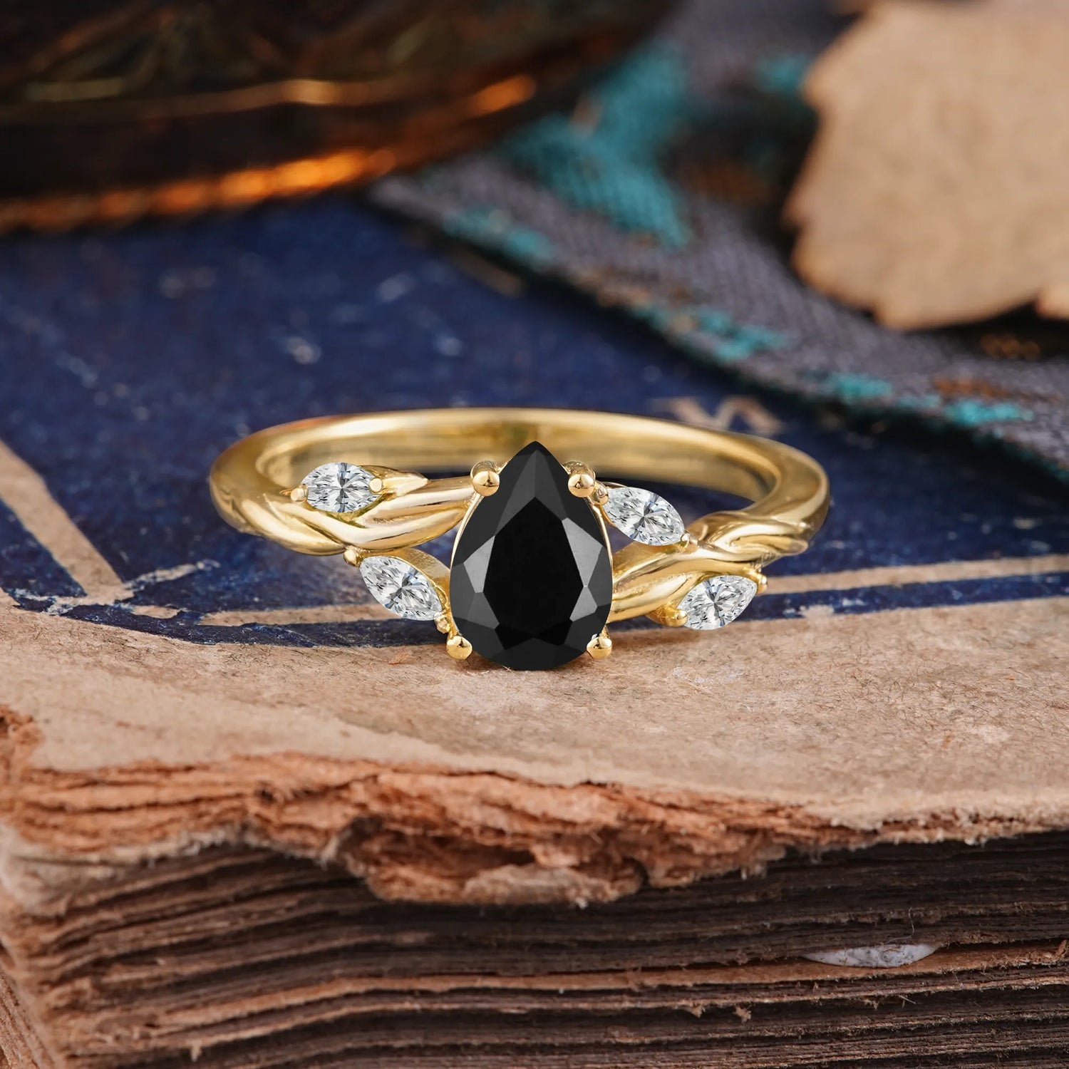 Exquisite 4-Prong Pear Cut Black Onyx Engagement Ring