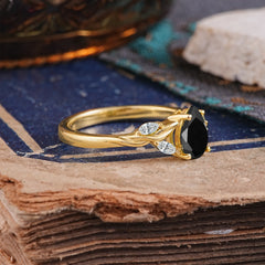 Exquisite 4-Prong Pear Cut Black Onyx Engagement Ring