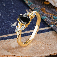 Exquisite 4-Prong Pear Cut Black Onyx Engagement Ring