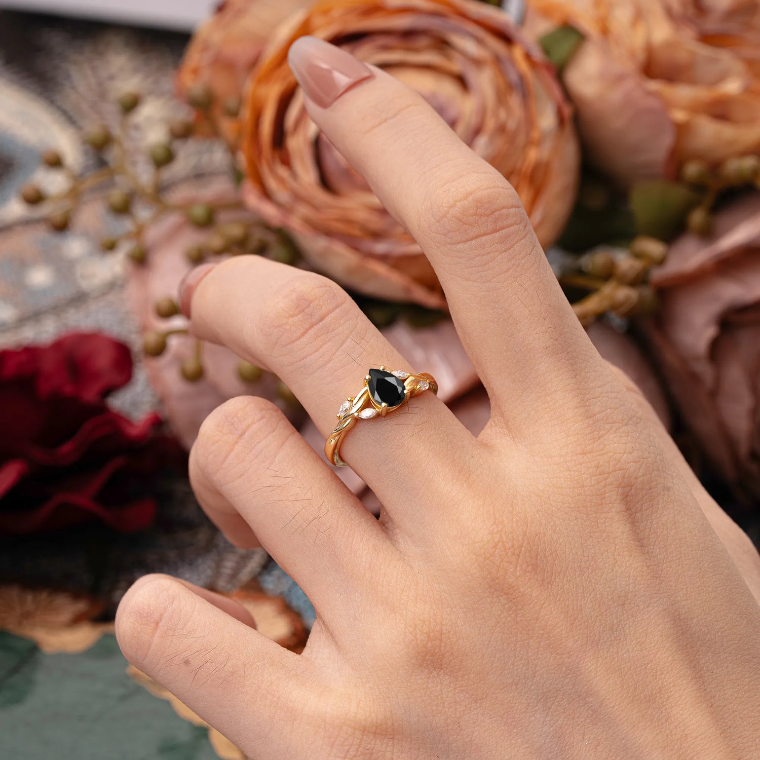 Exquisite 4-Prong Pear Cut Black Onyx Engagement Ring