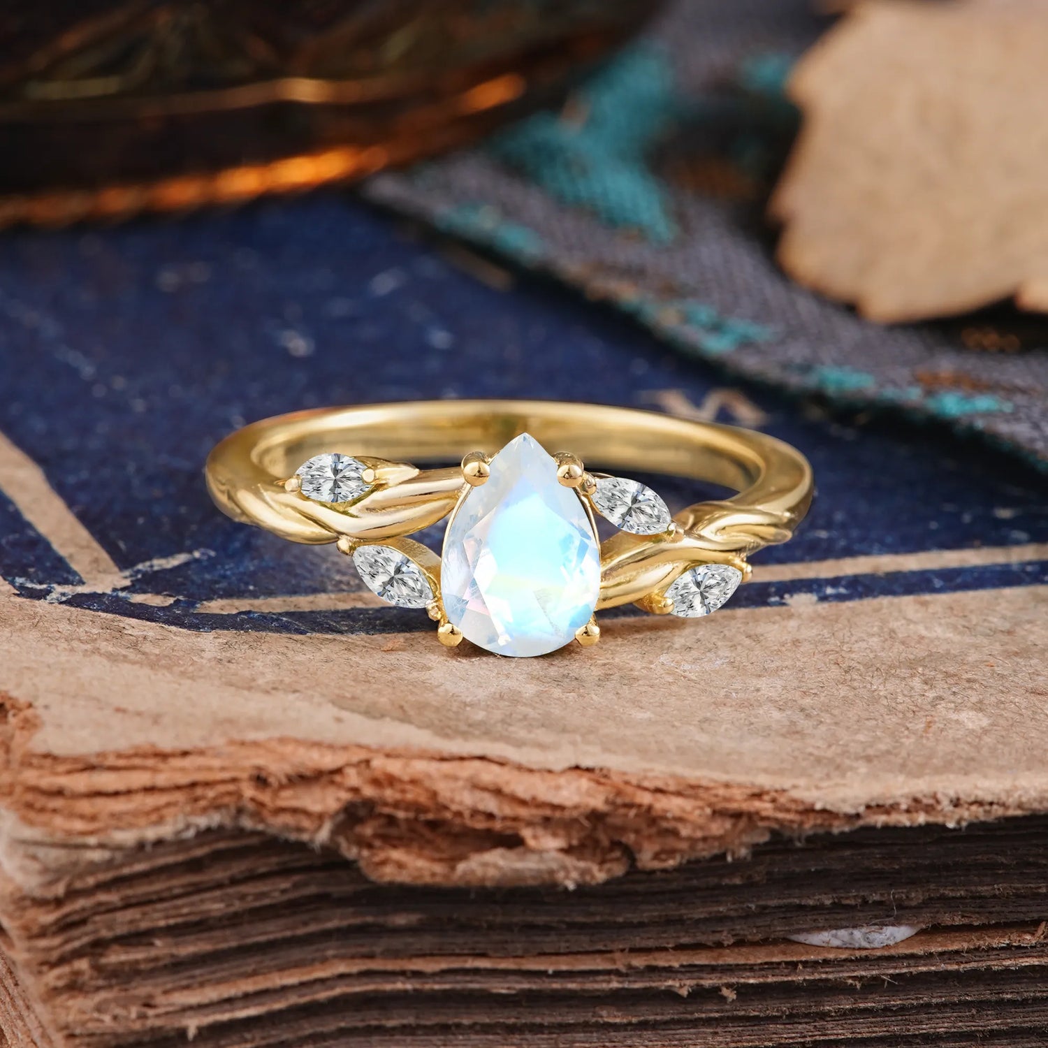 Exquisite 4-Prong Pear Cut Moonstone Engagement Ring