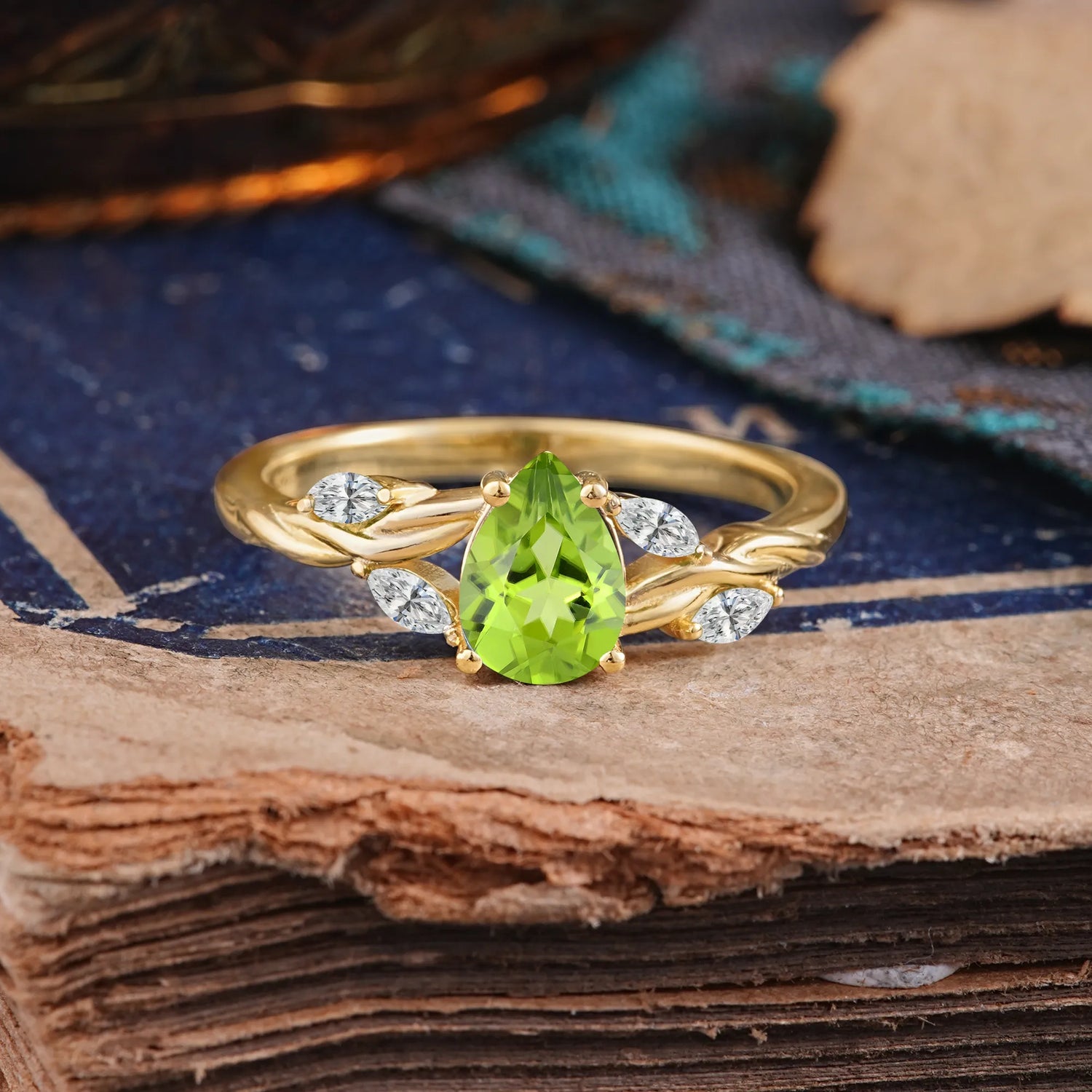 Exquisite 4-Prong Pear Cut Peridot Engagement Ring