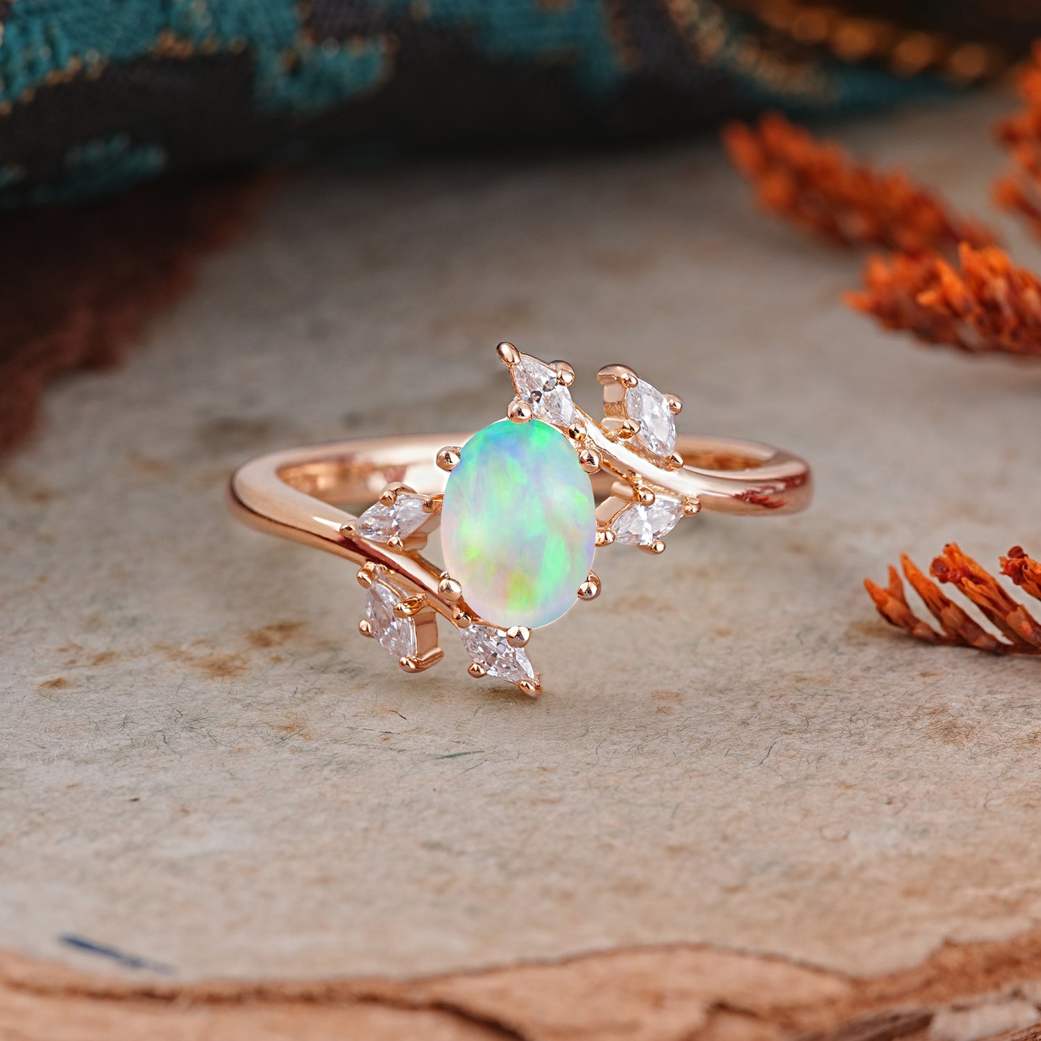 Nature-Inspired 6-Prong Oval Cut Opal Engagement Ring