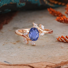 Nature-Inspired 6-Prong Oval Cut Tanzanite Engagement Ring
