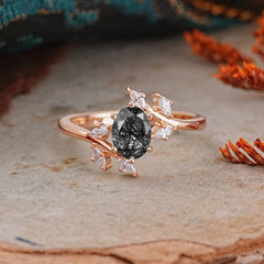 Nature-Inspired 6-Prong Oval Cut Black Rutilated Quartz Engagement Ring