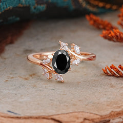 Nature-Inspired 6-Prong Oval Cut Black Onyx Engagement Ring