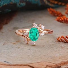 Nature-Inspired 6-Prong Oval Cut Emerald Engagement Ring