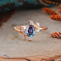 Nature-Inspired 6-Prong Oval Cut Alexandrite Engagement Ring