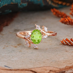 Nature-Inspired 6-Prong Oval Cut Peridot Engagement Ring