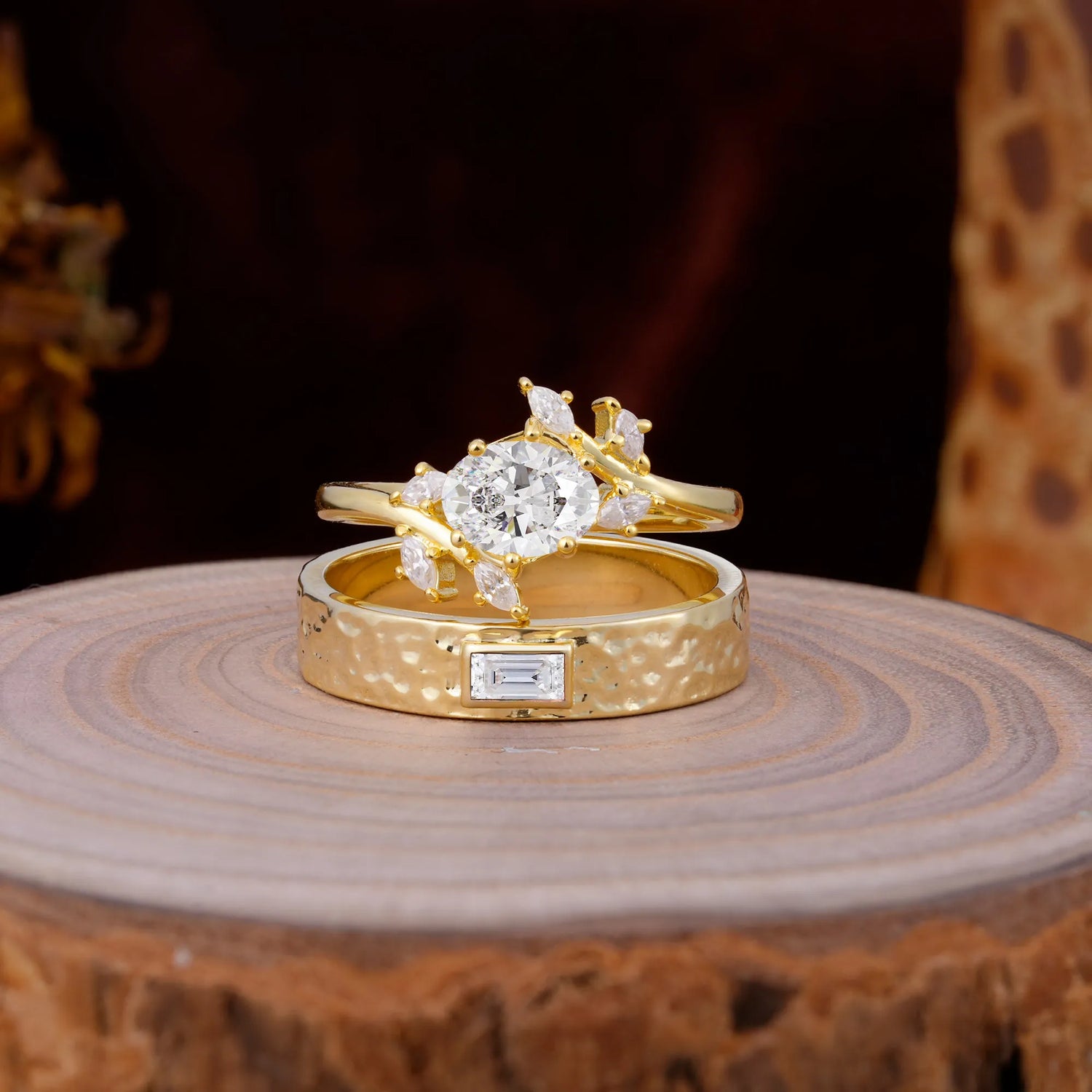 Nature Inspiration Luxury Retro 6-Prong Moissanite Promise Couples Rings