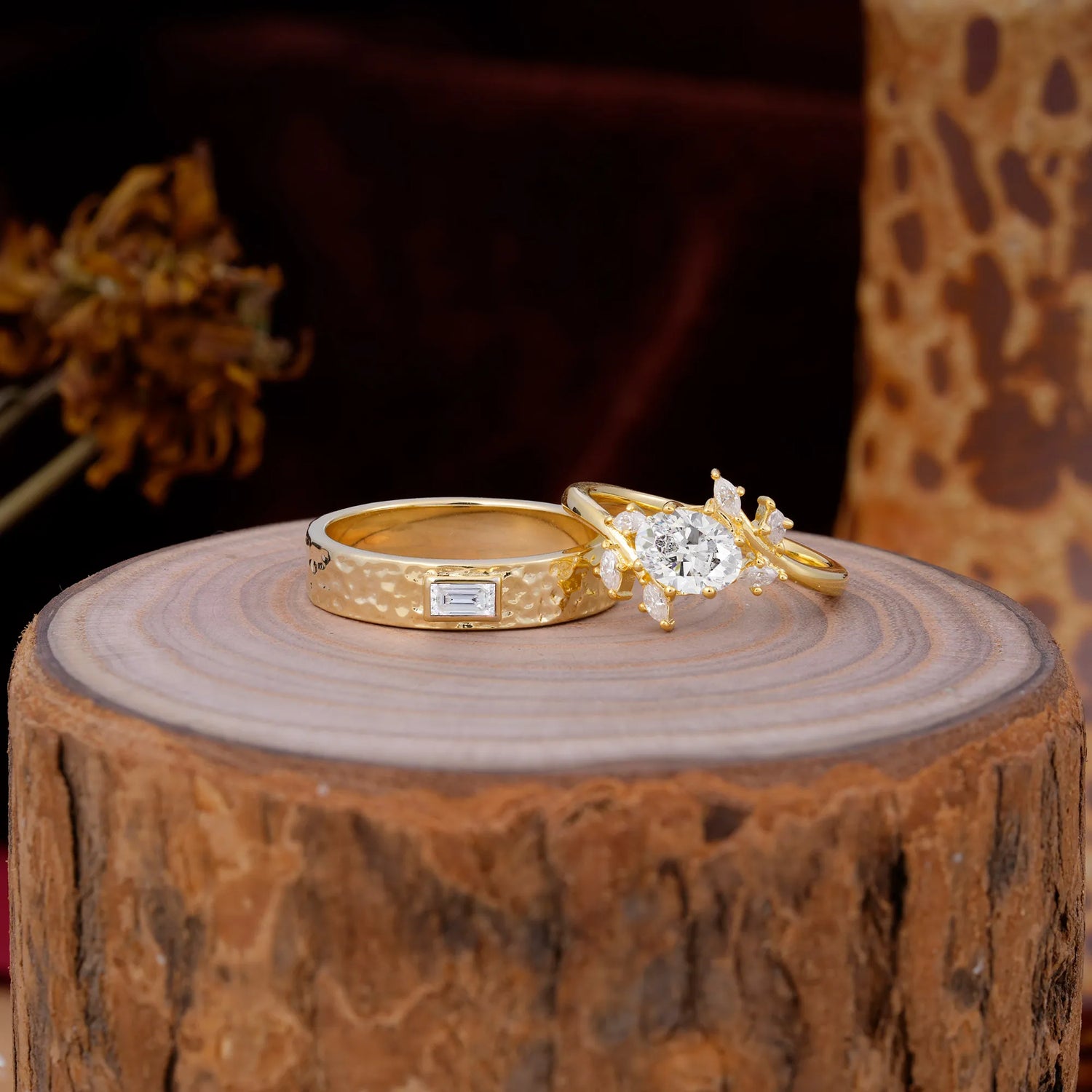 Nature Inspiration Luxury Retro 6-Prong Moissanite Promise Couples Rings