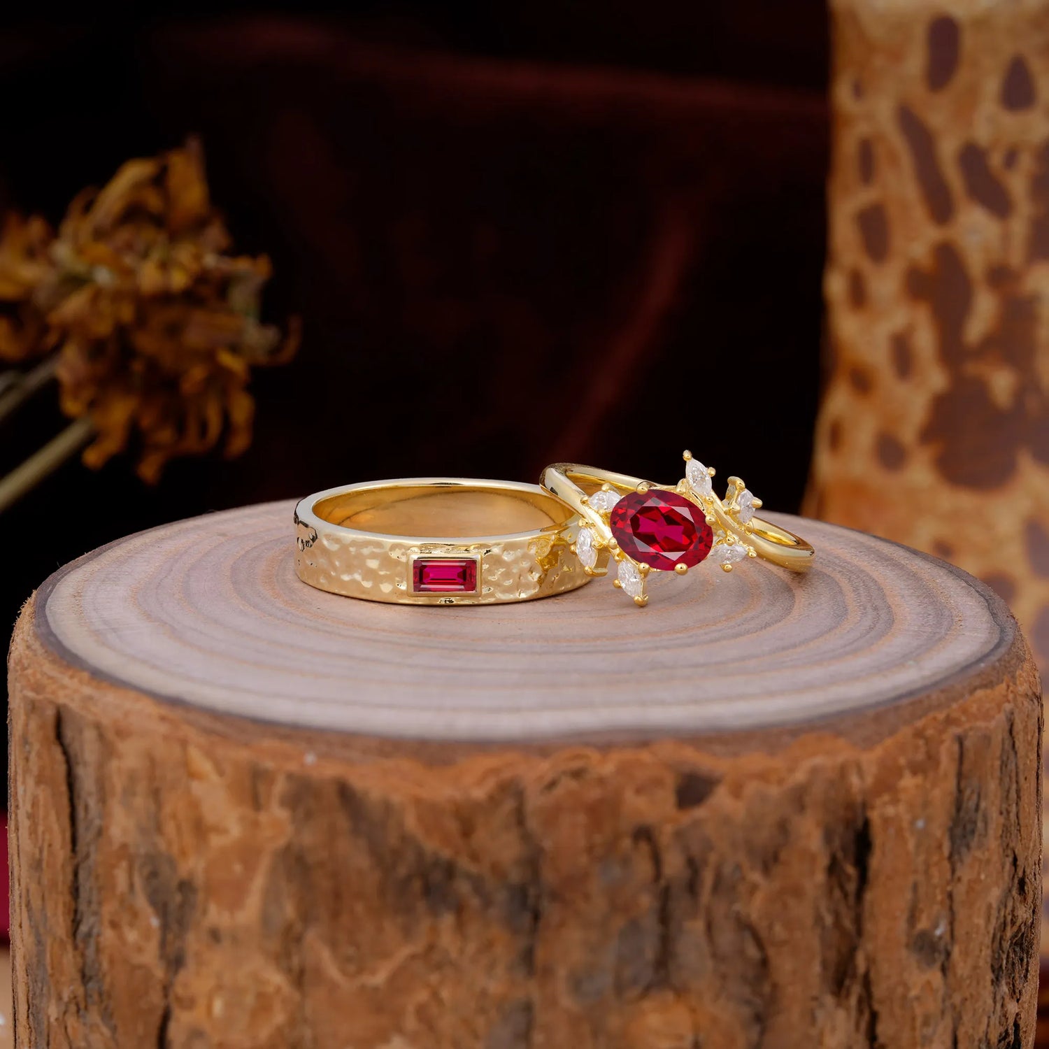 Nature Inspiration Luxury Retro 6-Prong Ruby Promise Couples Rings