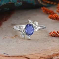Nature-Inspired 6-Prong Oval Cut Tanzanite Engagement Ring