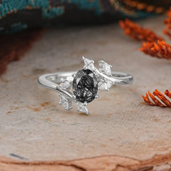 Nature-Inspired 6-Prong Oval Cut Black Rutilated Quartz Engagement Ring