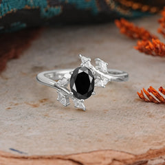Nature-Inspired 6-Prong Oval Cut Black Onyx Engagement Ring