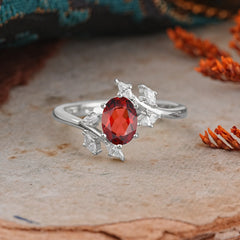 Nature-Inspired 6-Prong Oval Cut Garnet Engagement Ring