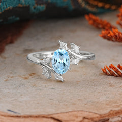 Nature-Inspired 6-Prong Oval Cut Aquamarine Engagement Ring