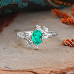 Nature-Inspired 6-Prong Oval Cut Emerald Engagement Ring