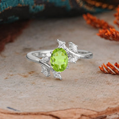 Nature-Inspired 6-Prong Oval Cut Peridot Engagement Ring