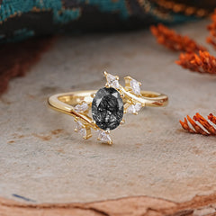 Nature-Inspired 6-Prong Oval Cut Black Rutilated Quartz Engagement Ring