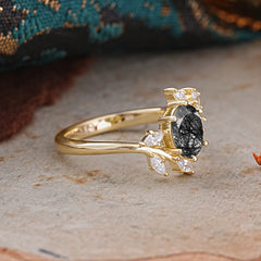 Nature-Inspired 6-Prong Oval Cut Black Rutilated Quartz Engagement Ring