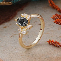 Nature-Inspired 6-Prong Oval Cut Black Rutilated Quartz Engagement Ring