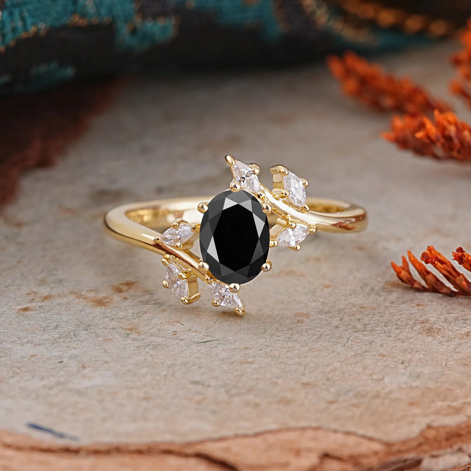 Nature-Inspired 6-Prong Oval Cut Black Onyx Engagement Ring - Romalar Jewelry