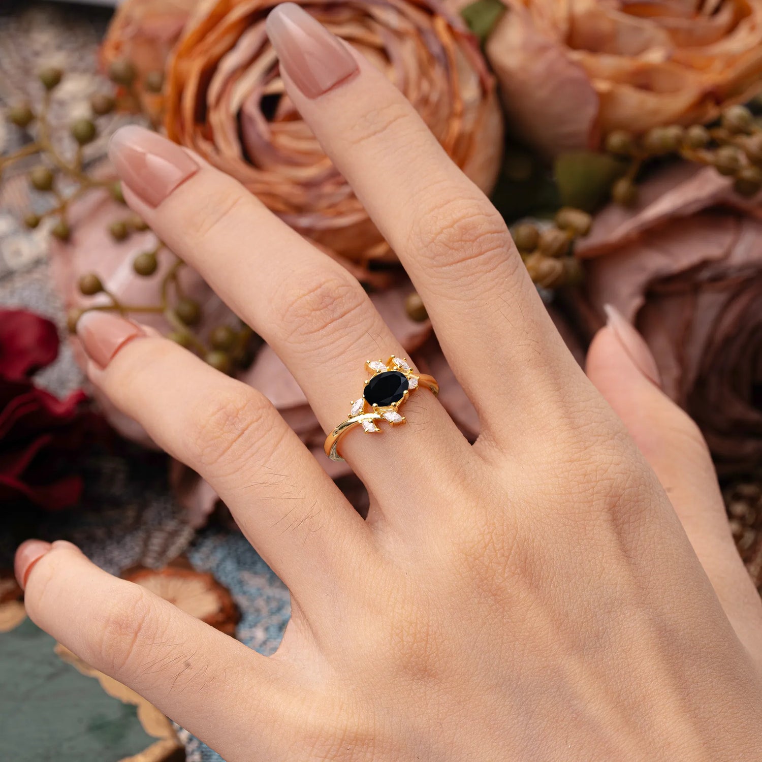 Nature-Inspired 6-Prong Oval Cut Black Onyx Engagement Ring - Romalar Jewelry
