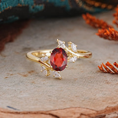 Nature-Inspired 6-Prong Oval Cut Garnet Engagement Ring
