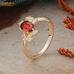 Nature-Inspired 6-Prong Oval Cut Garnet Engagement Ring