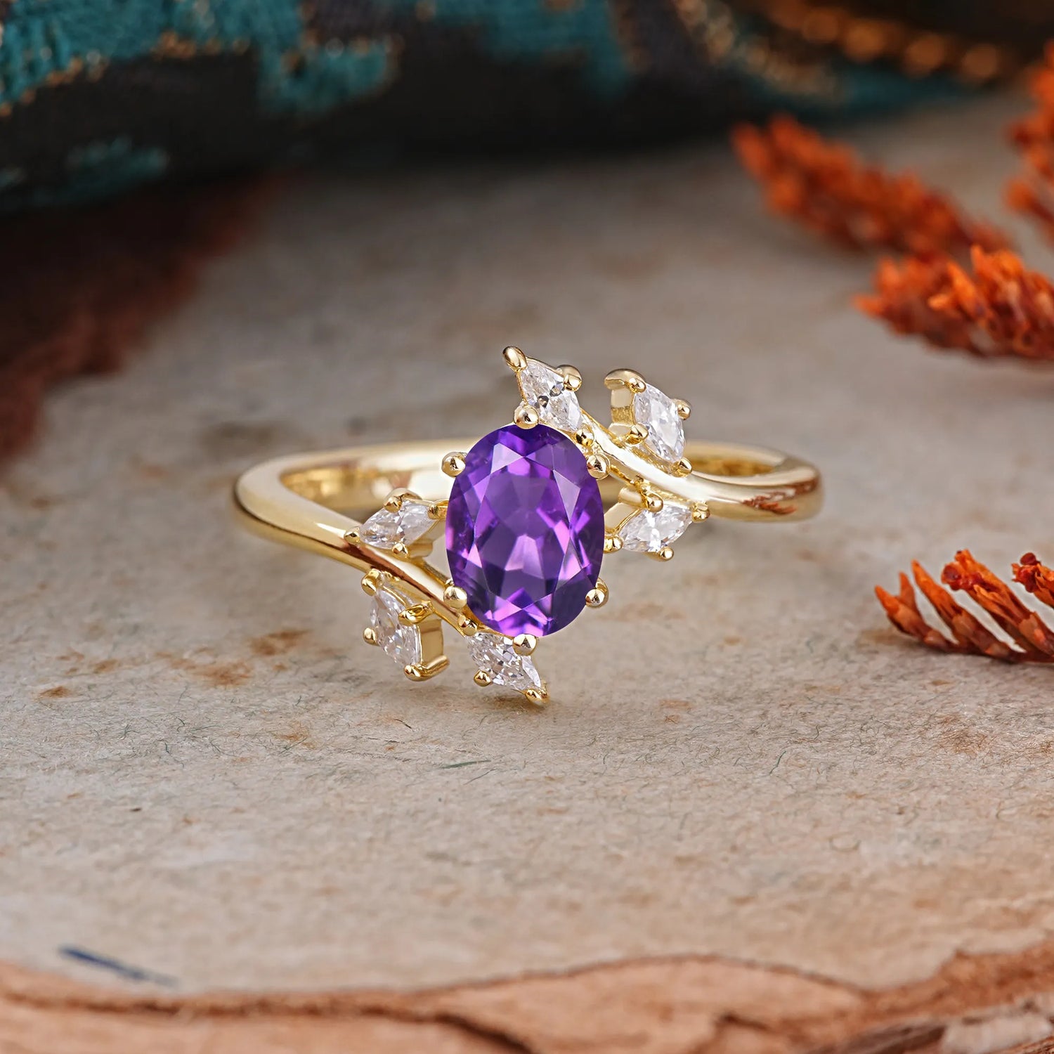 Nature-Inspired 6-Prong Oval Cut Amethyst Engagement Ring