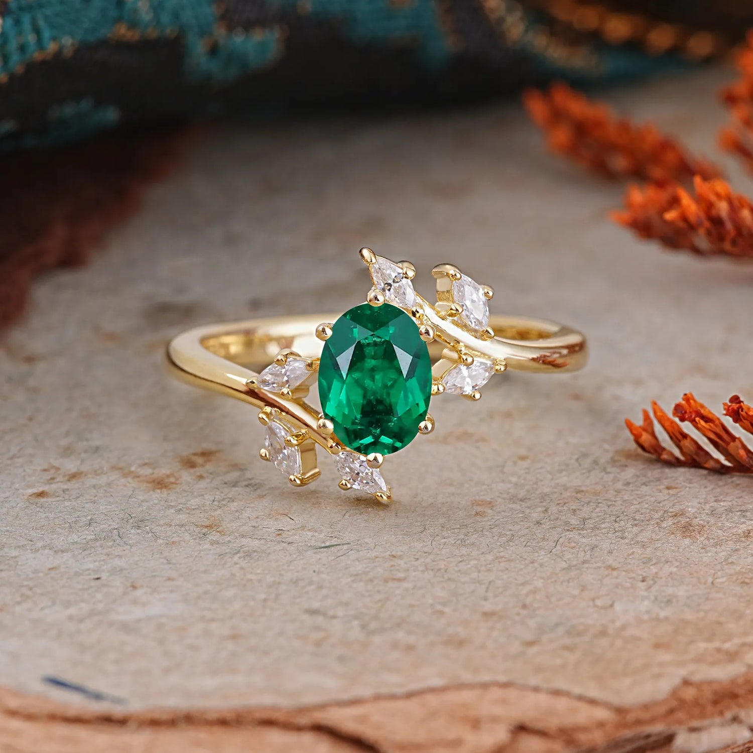 Nature-Inspired 6-Prong Oval Cut Emerald Engagement Ring - Romalar Jewelry