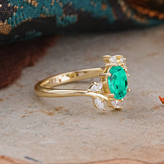 Nature-Inspired 6-Prong Oval Cut Emerald Engagement Ring
