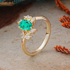 Nature-Inspired 6-Prong Oval Cut Emerald Engagement Ring