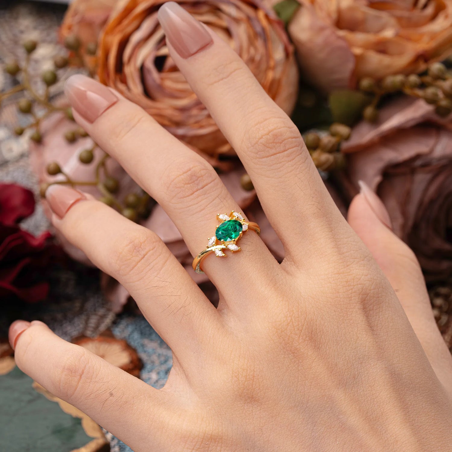 Nature-Inspired 6-Prong Oval Cut Emerald Engagement Ring - Romalar Jewelry
